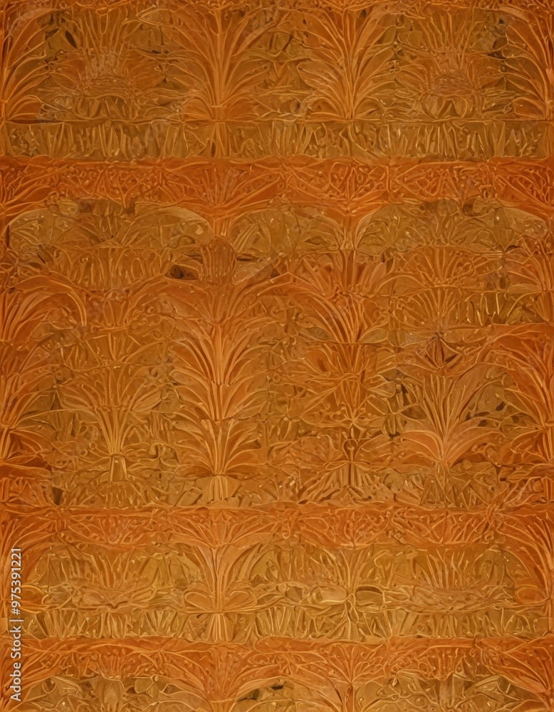 Poster a close-up view of a textured, embossed surface with a repeating pattern of stylized leaves or flowe
