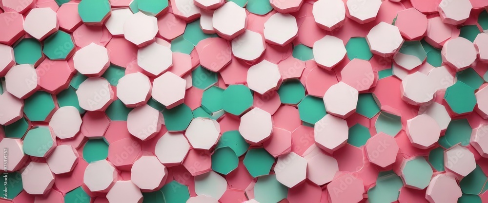 Poster a vibrant pattern of overlapping hexagonal shapes in pink, white, and green, creating a visually str