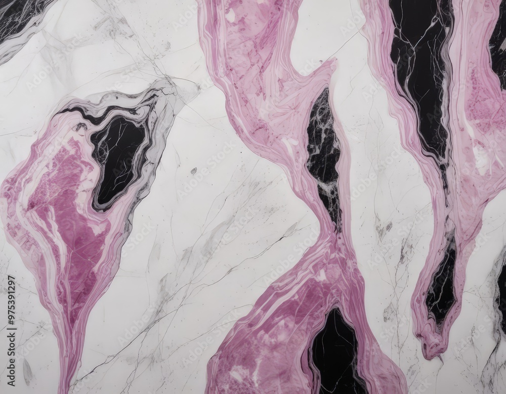 Poster a marble surface with a striking abstract pattern of pink and black swirls and lines, creating a sen