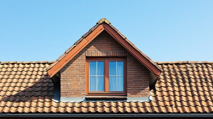 Fototapeta premium A fragment of a brick house with a pitched roof, highlighted by traditional roofing tiles and a small attic window under a clear afternoon sky.