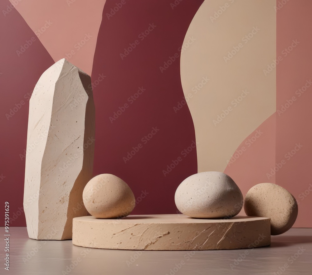 Poster three white spheres rest on a round platform against a backdrop of abstract pink and red shapes.
