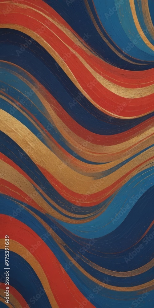Poster a vibrant abstract pattern composed of overlapping curved lines in various shades of red, blue, and 