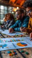 Fototapeta premium Diverse business team using graphs and charts to discuss marketing plan on a wooden table in the office. 