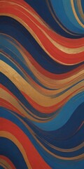 a vibrant abstract pattern composed of overlapping curved lines in various shades of red, blue, and gold, creating a dynamic and visually striking composition.