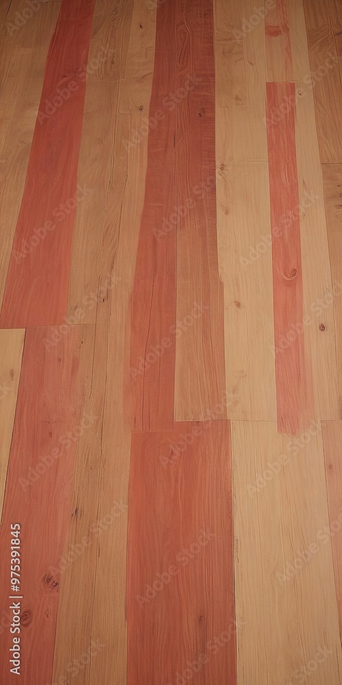 Poster a close-up view of a wooden floor with a pattern of alternating red and light brown planks.