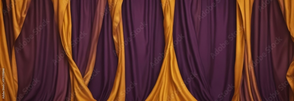 Poster a series of curved curtains in various shades of purple and gold, creating a flowing and dynamic vis