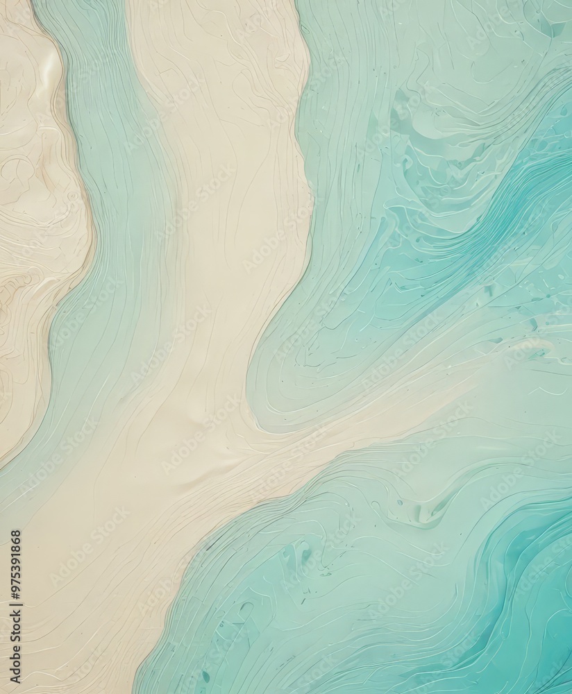 Poster a close-up view of a textured abstract pattern with a gradient of turquoise and beige colors, resemb