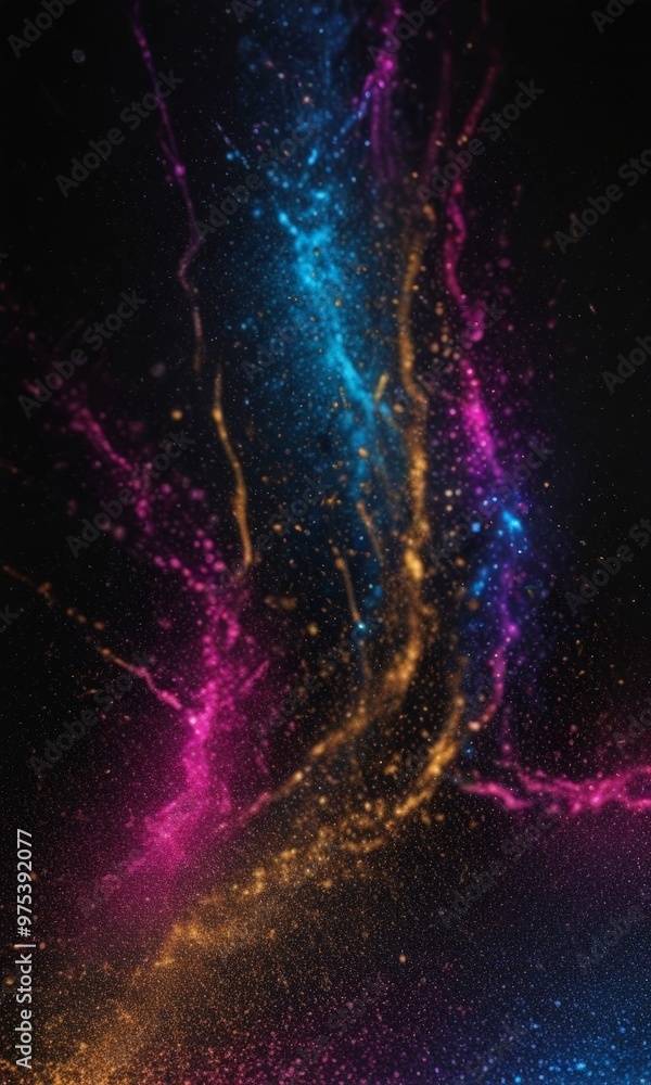 Poster a vibrant cosmic scene with a swirling pattern of multicolored lines and particles, creating a sense