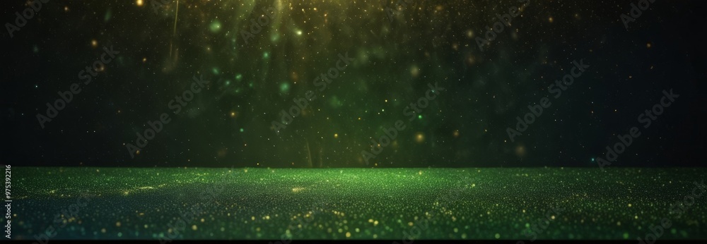 Poster a serene, starry night sky with a glowing green field below. the field is speckled with small, glowi
