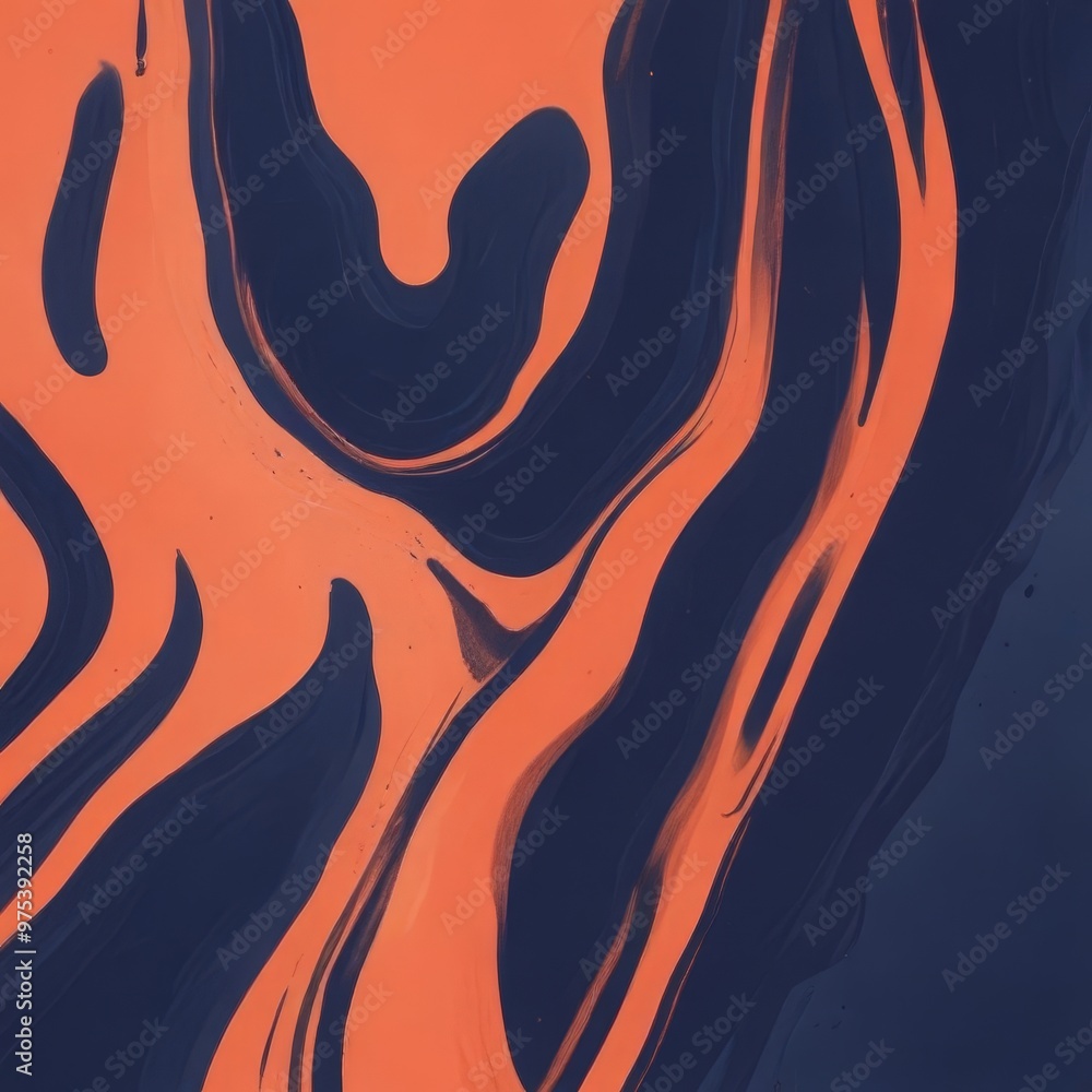 Poster a striking abstract pattern composed of swirling lines and shapes in shades of orange and navy blue,