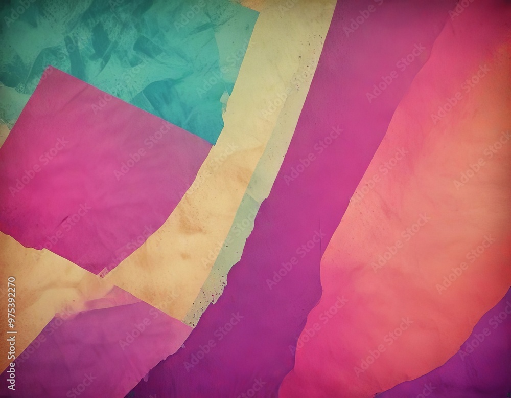 Poster a vibrant abstract composition of overlapping shapes in various colors, including pink, yellow, gree