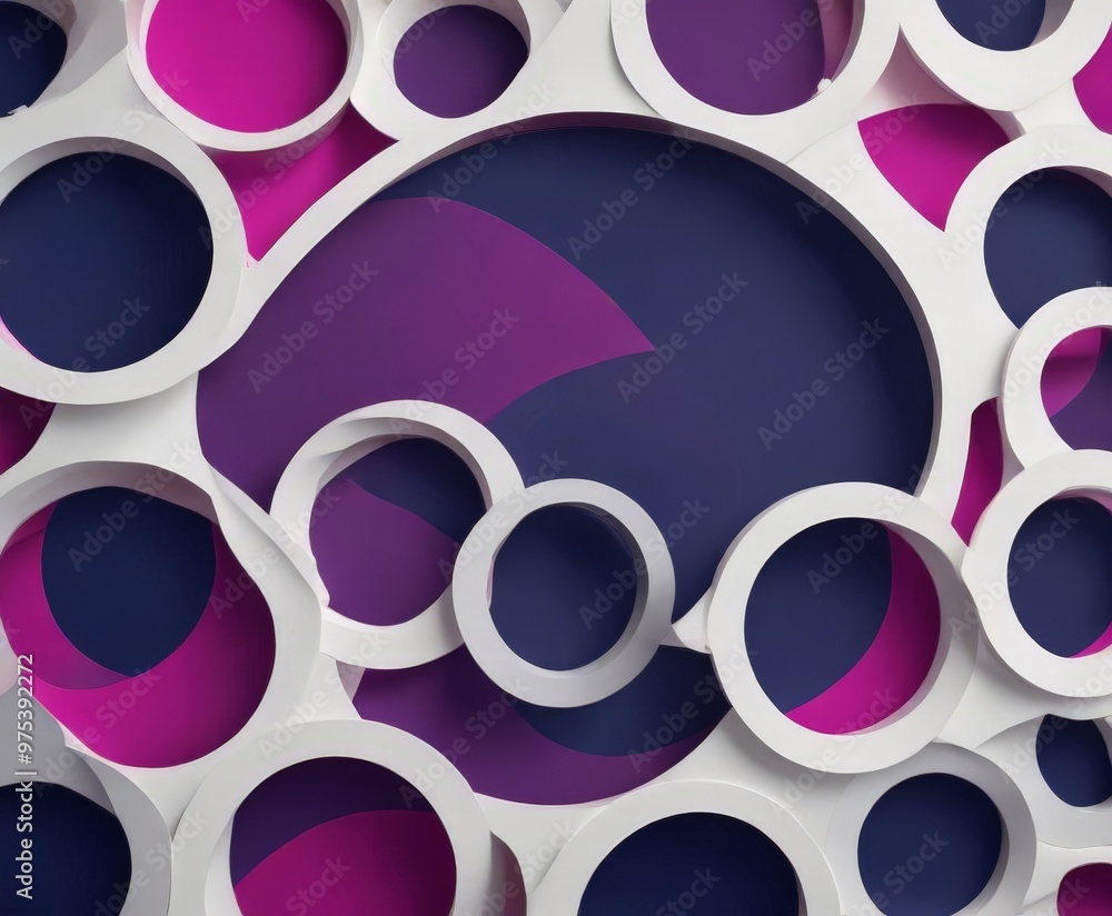 Poster a 3d of a complex arrangement of white circles with varying shades of purple and pink, creating a vi