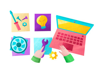 Man repairs and diagnoses a laptop