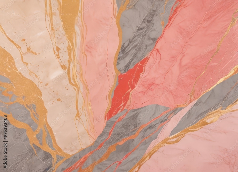 Poster a marble surface with a vibrant abstract pattern of pink, orange, and gray marble layers, creating a