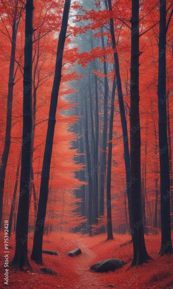 Poster a serene forest scene with tall trees displaying vibrant red leaves, creating a path through the und