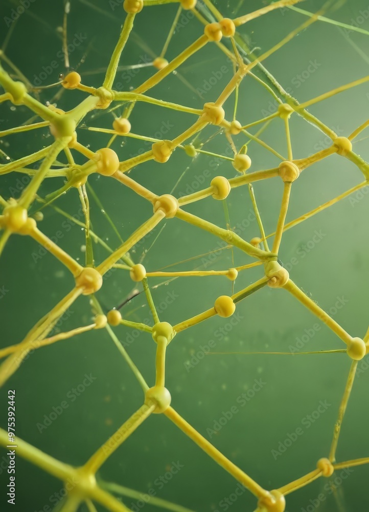 Poster a close-up view of a complex network of interconnected yellow and green lines and spheres, resemblin