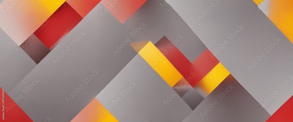 Poster a geometric pattern composed of overlapping rectangles in various shades of gray, red, and yellow, c