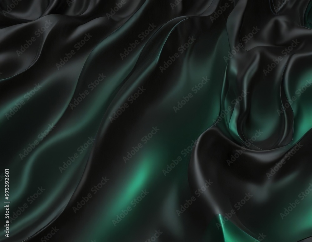 Poster a close-up view of a flowing, dark green fabric with a subtle shimmering effect, creating a sense of