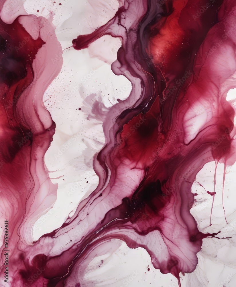 Poster the image is an abstract painting featuring a swirling pattern of red and pink hues, with splashes o