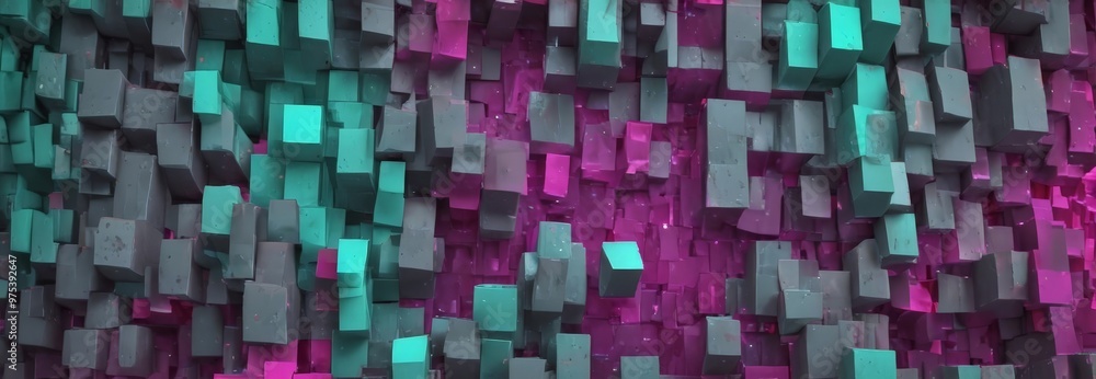 Poster the image presents a 3d of a geometric pattern composed of numerous cubes in shades of green and pin
