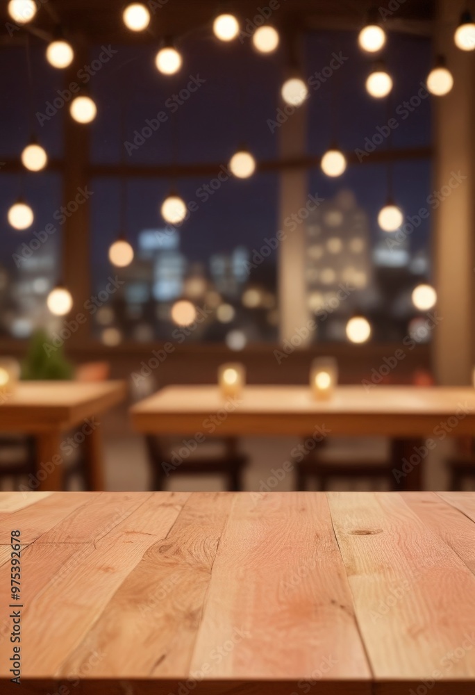 Poster a wooden table in a dimly lit restaurant with string lights and a blurred cityscape visible through 