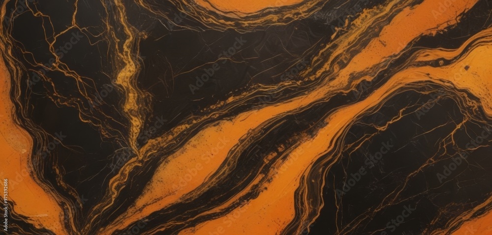 Poster a close-up view of a marble surface with a striking pattern of black and orange swirls and lines.