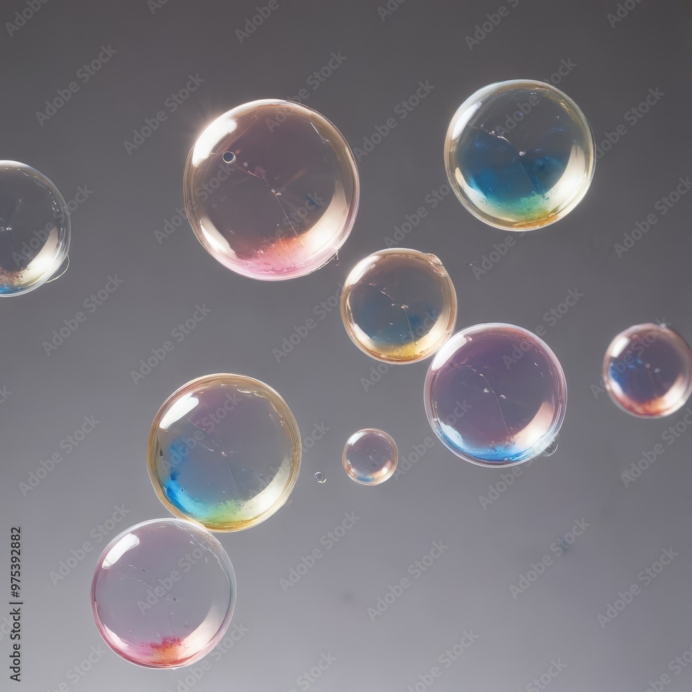 Poster a collection of colorful, iridescent soap bubbles floating against a dark background.