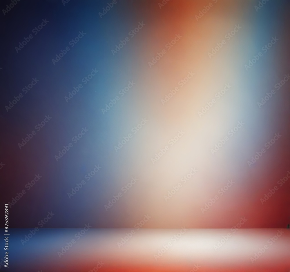 Poster a gradient background transitioning from blue to orange, with a white floor in the foreground.