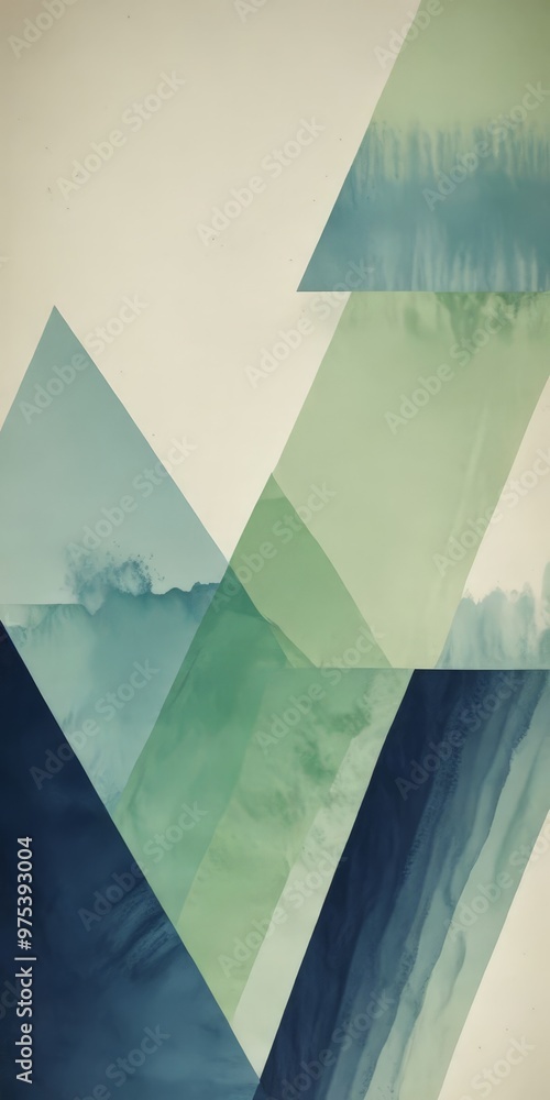 Poster a geometric abstract composition with overlapping triangular shapes in various shades of blue, green