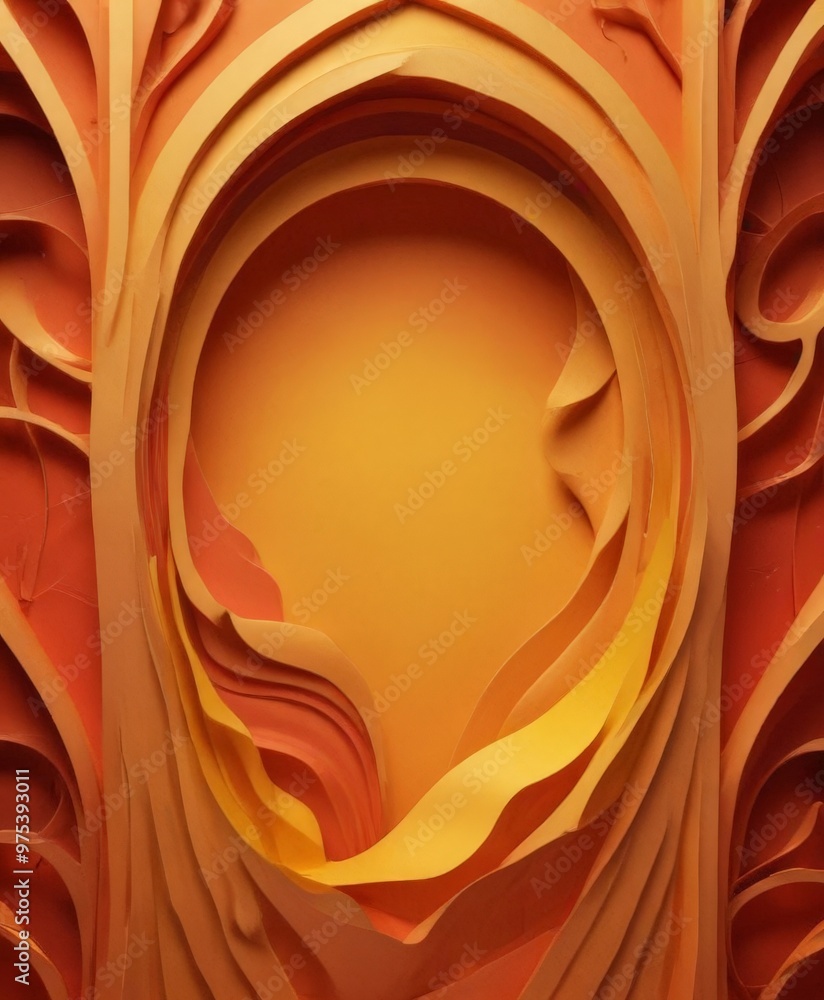 Poster a 3d of a paper sculpture with a central circular opening, surrounded by a series of curved lines an