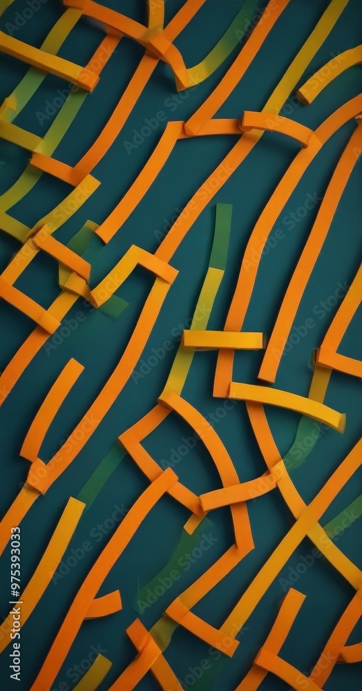 Poster a complex arrangement of overlapping orange and green strips, creating a dynamic and abstract patter