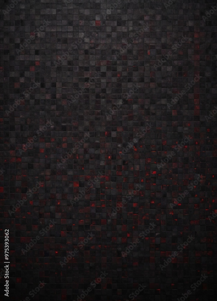 Poster a dark, textured background composed of small square tiles in varying shades of black and red, creat