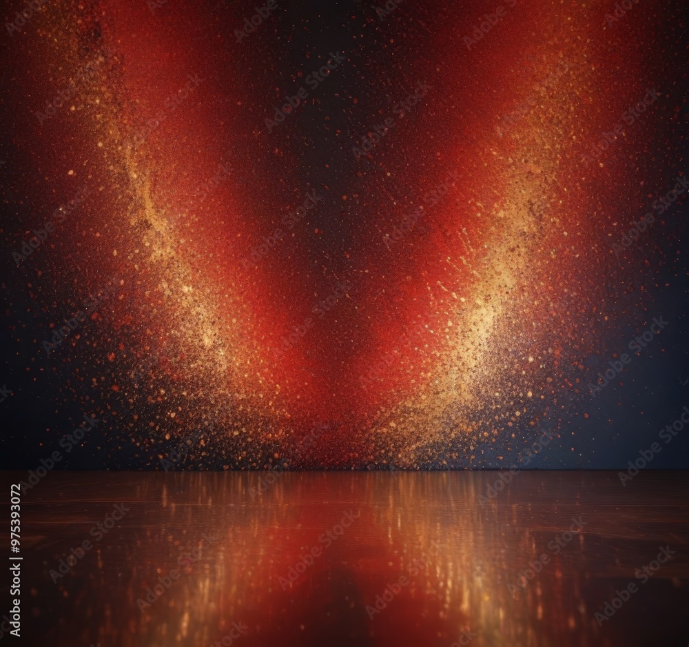 Poster a dramatic scene of a fiery explosion, with a dark background and a reflective surface below. the ex
