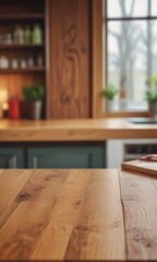A wooden table with a blurred background of a kitchen interior, featuring a window, shelves, and a red kettle.