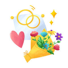 Wedding day with rings on a pillow and a bouquet of flowers