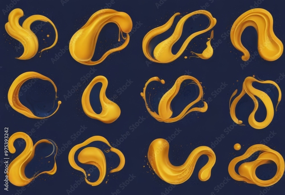 Poster the image contains twelve abstract golden shapes and splashes against a dark blue background.