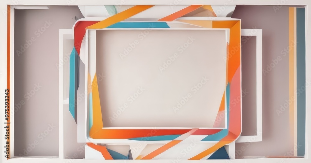 Poster a geometric abstract artwork composed of intersecting lines and shapes in various colors, including 