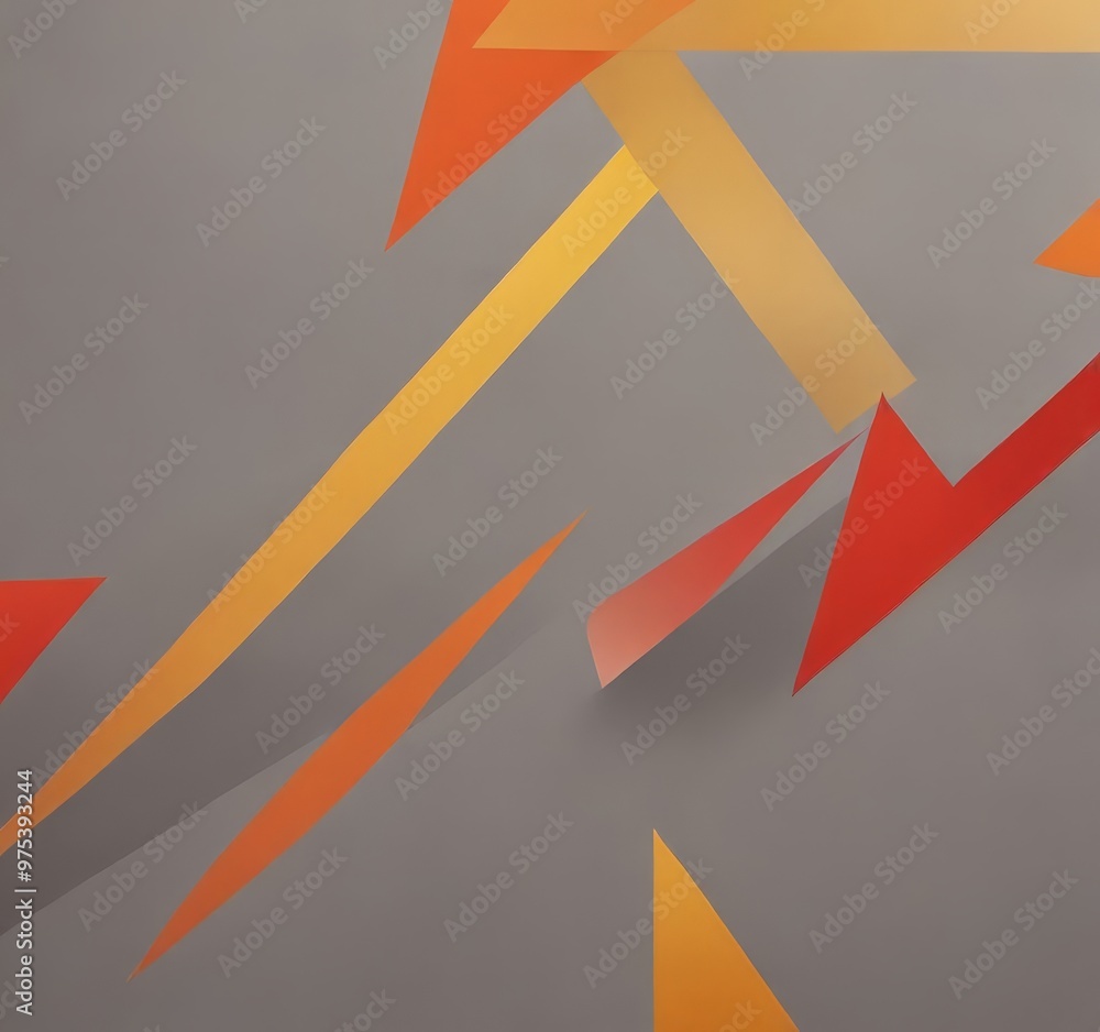 Poster a geometric abstract composition with intersecting lines and triangles in shades of orange, yellow, 