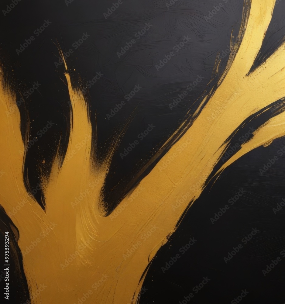 Poster a close-up view of a painting with a black background and a striking gold tree trunk. the tree trunk