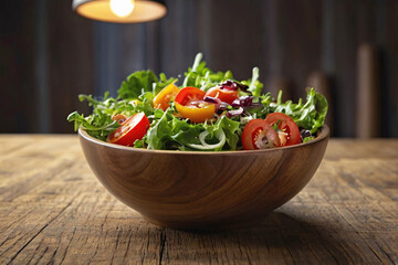 Realistic salad bowl on wood table with beautiful studio light and fresh organic vegetable leaf, onion, tomato ingredient for vegan food in concept of tasty delicious clean and healthy food
