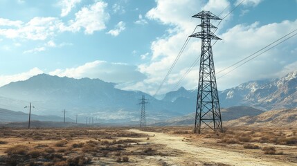 A high voltage tower standing in a desolate, dry landscape with mountains in the background, representing energy transmission in remote areas.