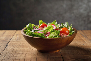 Realistic salad bowl on wood table with beautiful studio light and fresh organic vegetable leaf, onion, tomato ingredient for vegan food in concept of tasty delicious clean and healthy food