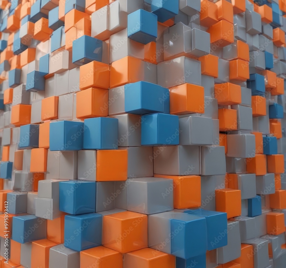 Poster a 3d of a wall composed of numerous cubes in various shades of blue, orange, and gray, creating a vi