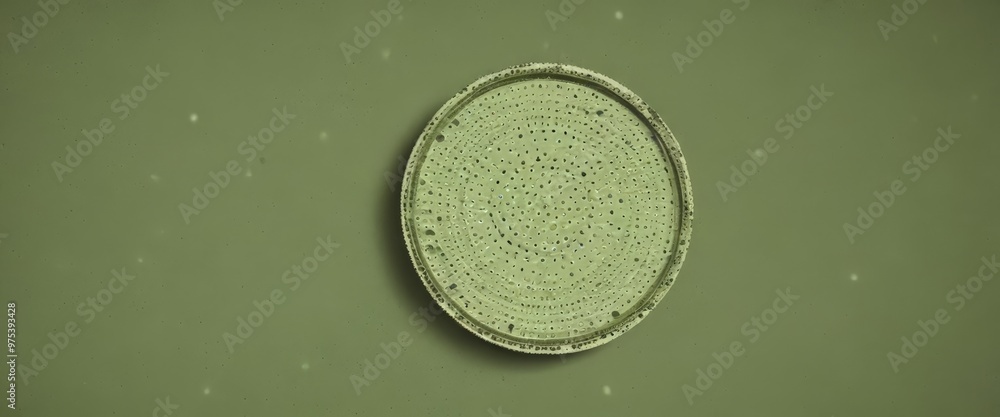 Poster a green circular object with a textured surface is centered against a dark green background with sma