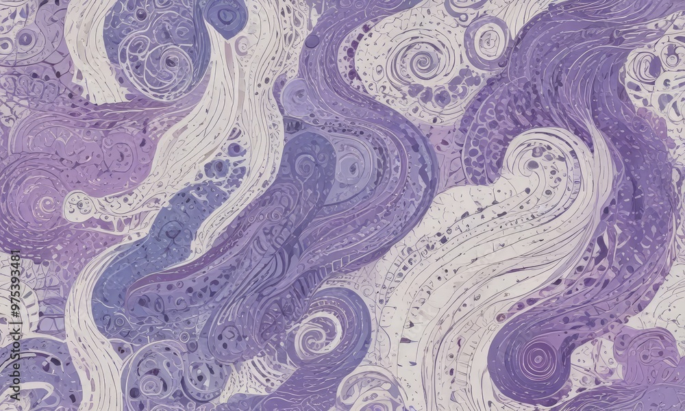 Poster a repeating pattern of swirling, abstract shapes in shades of purple and white, creating a visually 