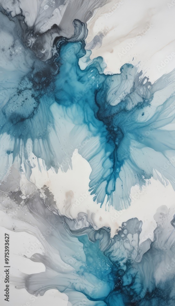 Poster the image is an abstract painting featuring a swirling pattern of blue and gray hues, with splashes 