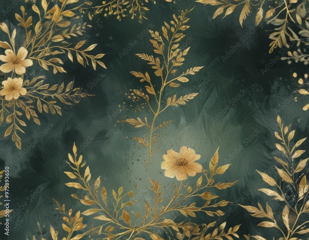 Poster a dark green background with a repeating pattern of gold floral and leaf designs. the flowers and le