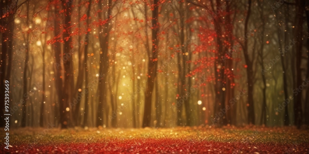 Poster a serene forest scene with a carpet of fallen leaves in red and orange hues, illuminated by a soft g