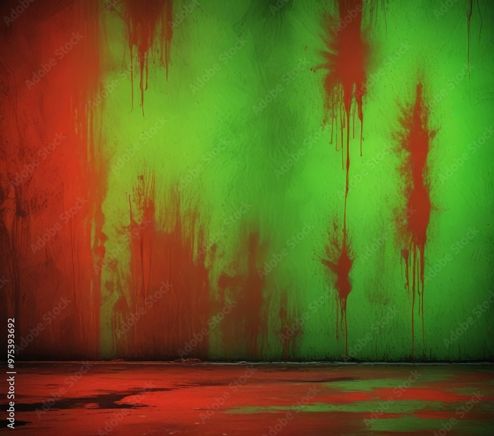 Aufkleber a wall with a green and red color scheme, featuring dripping paint in a chaotic pattern.