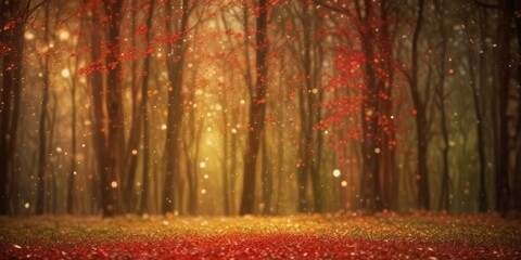 A serene forest scene with a carpet of fallen leaves in red and orange hues, illuminated by a soft glow of golden light filtering through the trees.